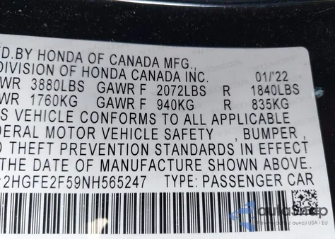 2022 Honda Civic Sport from USA, damaged, VIN 2HGFE2F59NH565247